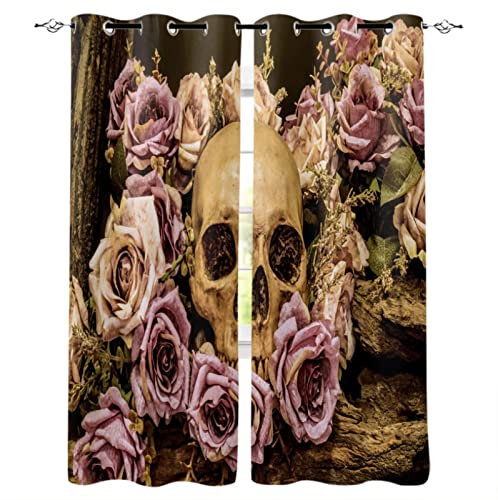 Curtains Totenkopf mit Blumen：Gardinen Vorhänge Wohnzimmer - 2Er Set Gardinen für Balkontür & Schiebetür 75x166cm