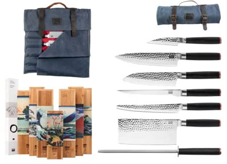 Le Set Complet Nomade 8 pièces : 6 couteaux (couteau d'office + santoku + gyuto + filet de sole + couteau à pain + hachoir) + trousse à couteaux en toile et cuir + fusil à aiguiser