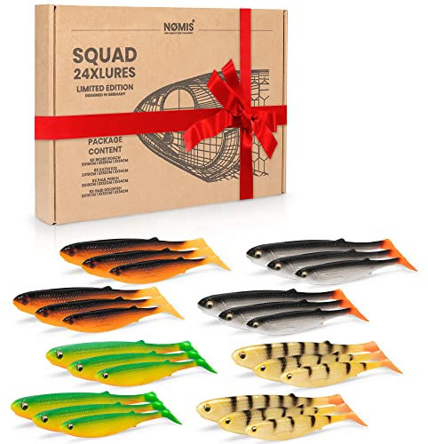NØMIS Premium Gummifisch Set | Angelzubehör | Gummifische Hecht Zander Dorsch Barsch - Angelköder (4 Dekore in 3 Größen, Squadbox - 24 Gummifische)
