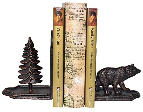 JUCONSIN Bär Buchstützen Dekorative, robuste Buchstützen aus Gusseisen für die Regale, Kiefernbaum und Bärenstatue Buchende, Vintage Regal Dekor, Antik Bronze