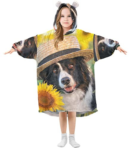 Kids Oversized Blanket Hoodie,Border Collie Dog Wearing Straw Hat Sunflower Field Warm Fleece Sweatshirt Plush Wearable for Girls Boys, Front Roomy Pocket, Cute Ear Cap, Small