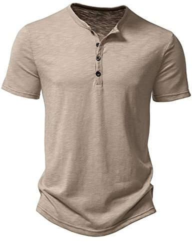 LucMatton Men's Casual Short Sleeve Slim Fit Henley Shirt Stylish 4 Buttons Muscle T-Shirts Khaki Small