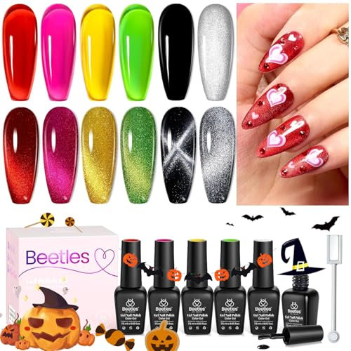 Beetles Cat Eye Nagellack Set - 6 Farben Holografisches Glitzer UV Gel Nagellack Set mit Magnet Durchscheinend Rosa Gelb Schwarz Set DIY Maniküre für Anfänger