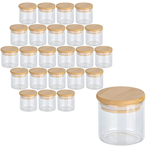 gouveo 24er Set Vorratsgläser 150 ml aus Borosilikatglas rund mit Deckel - Kleines Aufbewahrungsglas 0,15 l zum Befüllen - Robuster Glasbehälter für Gewürze, Kosmetik, Basteln