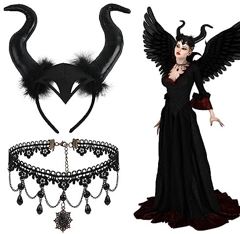 SULOLI Black Horns Headband,Halloween Headbands for Women Maleficent Horns Halloween Witch Accessories Women Witch Headband Adult with Necklace