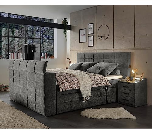 Lomadox Boxspringbett 180x200 cm mit Bettkasten und TV-Halterung | Doppelbett in grau mit Härtegrad H2
