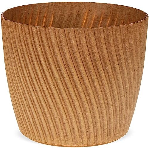 Matches21 Cache-pot rond en plastique et bois – Pot de fleurs minimaliste rainuré marron – Grand pot de fleurs pour plantes d'intérieur Ø 26 cm