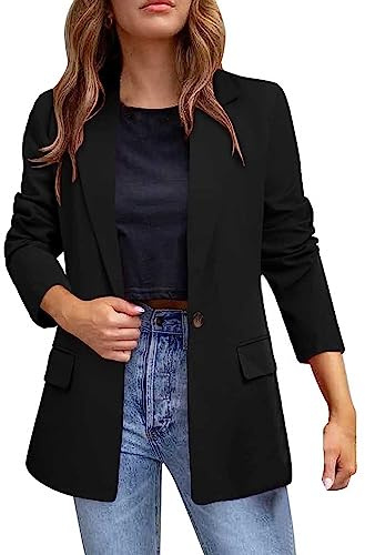 Enfärgad kavaj för kvinnor, kavaj med , lätt enfärgad kavaj, långärmad, företagsblazer, kontor, lång kavaj, svart, XXL