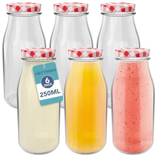 HEFTMAN Lot de 6 mini bouteilles de lait en verre avec couvercles - Vides - 250 ml - Avec couvercles vichy rouges - Pour boissons, liquides et décoration - Rétro - Pour mariages, barbecues et