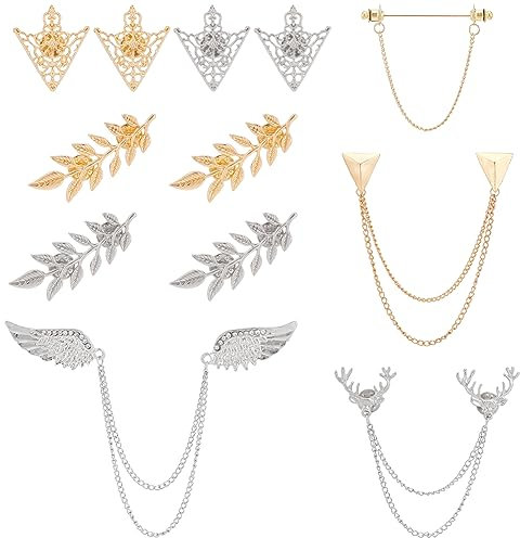 PH PandaHall 12pcs Gland Chaîne Broche Col Broches 8 Styles Aile Double Lien Chaînes Pinces à Cravate Chaîne Feuille Fleur Épinglette Rétro Chemise Col Décoration pour Hommes Femmes Chemise Costume