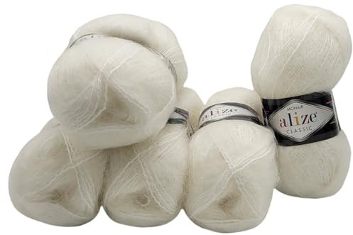 5 x 100 Gramm Ilkadim Export Mohair Classic Strickwolle, 500 Gramm Strickgarn einfarbig mit 25% Mohair Wolle (weiss 55)