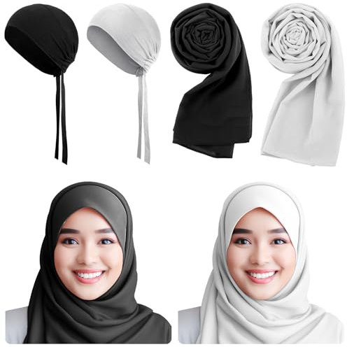 Bunnycool 4-teiliges Hijab-Schals und Unterkappen-Set für Damen, aus solidem Chiffon, langer Schal, weicher Wickelschal, muslimische innere Hijab-Mützen, schwarz, weiß, Einheitsgröße