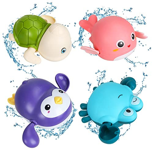 Baby Badespielzeug, 4 Stück Baby Wasserspielzeug, Badewanne Pool Spielzeug, Badewannenspielzeug Uhrwerk Schildkröten Delfin Krabbe Pinguin, Badespielzeug Baby ab 1 Jahr für Kinder Jungen Mädchen