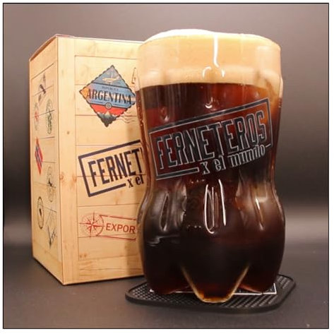 Bicchiere di vetro per Fernet a forma di bottiglia tagliata in scatola decorativa - Capacità 700 cc - Incluso sottobicchiere