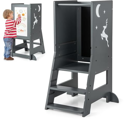 GYMAX Kids Step Stool, Wooden Kitchen Toddler Helper Stand with Adjustable Height, Chalkboard & Whiteboard, Baby Tower Lightweight Stepladder (Gray) | Adjustable Height, Chalkboard & Whiteboard, Baby Tower Lightweight Stepladder