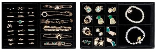 ProCase Jewellery Tray Organiser, Jewellery Drawer Organiser Velvet Stackable Jewellery Storage Tray for Drawer Jewellery Display for Earring Necklace Ring Bracelet -2 Layers, Allblack