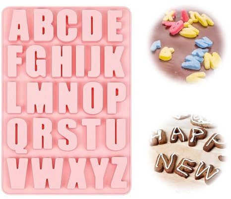 YALiya Moules à Lettres en Silicone, Moule en 3D Lettres A-Z, Moule Bonbon Silicone, Moule Chocolat, Revêtement Antiadhésif, pour Faire Chocolats Alphabet, Biscuits, Gâteaux et Bonbons(Rose)