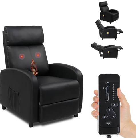 LEADZM Fauteuil Inclinable avec Massage Électrique, Chauffage et Dossier Basculant à Commande Manuelle – Fauteuil Relax pour Chambre, Salon et Home-Cinéma (PU, Noir)