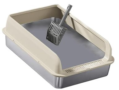 Dualoai Katzentoilette aus Edelstahl, niedriger Einstieg, hohe Seitenwände, halb geschlossen, mit Schaufel, Khaki und M