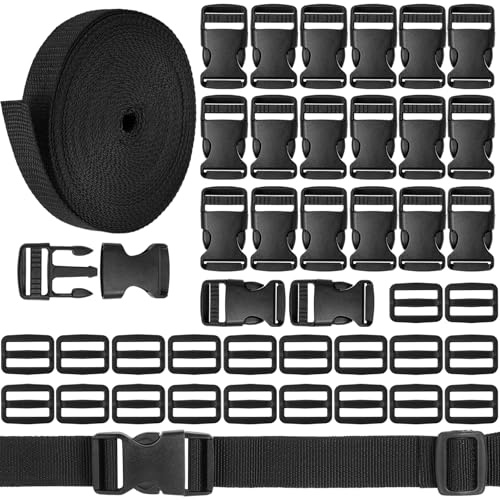 REJOECE Schnallen Gurtband Set 25mm, 15M Nylon Gurtband | mit 20 Tri-Glide Slides Clip,20 Flache Seite Release Schnallen,Einstellbare Kunststoffschnalle for DIY Craft Rucksack Tasche