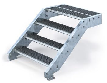 Außentreppe 4 Stufen mit Podeststufe - Höhe variabel von 66 cm bis 80 cm einstellbar - feuerverzinkte Stahltreppe - Normbreite - montagefertiger Bausatz (Ohne Geländer, Stufenbreite 60 cm)