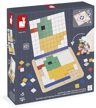 Janod - Symmetry & Coding - 4 Play Modes - 12 Models to Reproduce - Ideal for Kindergarten and Early Section Preparation - Educational Toy for Children - FSC Wooden Product - From 5 years - J05093