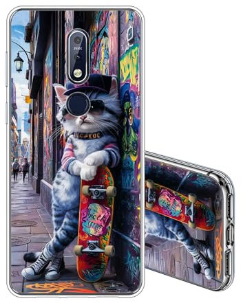 JEZSTHAI Schutzhülle Kompatibel mit Nokia 7.1 Hülle Silikon Transparent Weiche Stoßfeste Kratzfeste Durchsichtige Schlank TPU Handyhülle Coole Katze Muster Cover