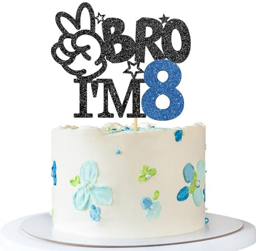 Bro I'm 8 Cake Topper - Boy 8th Birthday Cake Supplies - Eight Years Old - Big Brother 8th Birthday Party Decoration - Black Blue Glitter