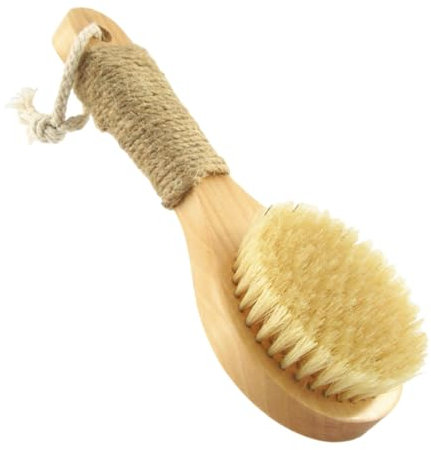 minkissy Cepillo De Baño De Masaje y Exfoliante Mango Corto Antideslizante, 20 Cm, Cerdas De Pelo De Cerdo Natural, Unisex Para Ducha y Limpieza Corporal