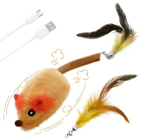 Jokapy Jouet électrique pour chat - Souris de jeu électrique - Avec clochette - Lumière LED - Queue en plumes - Bruit - Rechargeable par USB - Jouet interactif - Jaune