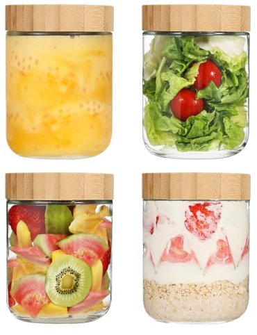 LIMILI Overnight Oats Jar, 4 Pack Glass Overnight Oats Containers with Wooden Lids, Wide Mouth Glass Jars Breakfast Pots for Cereal, Yogurt, Salad, Chia Pudding (500ml - 4pcs)