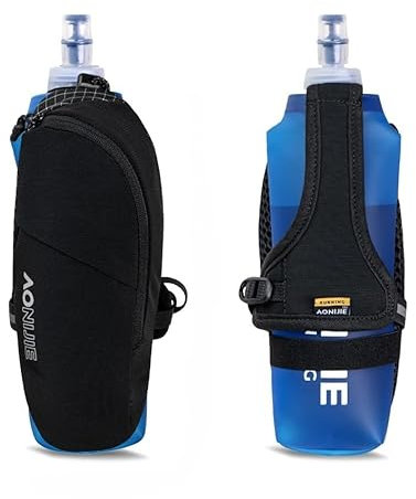 AONIJIE Bolsa de Mano Nylon Running con Botella de Agua Flexible Deporte para Correr Maratón Senderismo (Negro + botella de 500ml)