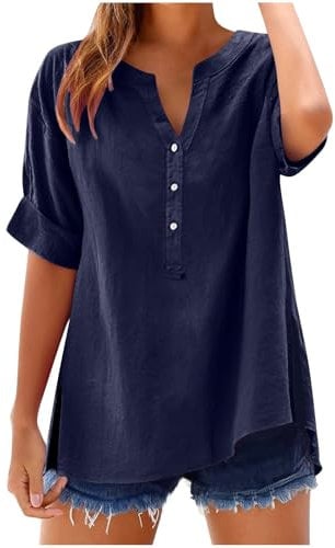 Womens Tops Cotton Linen Shirts Summer V Neck Button Up Short Sleeve Ladies Blouse T-Shirts Solid Color Work Casual Oversized Loose Blouses Daily Women Top Cloth Sale UK Plus Size 14 16 18 22 Navy