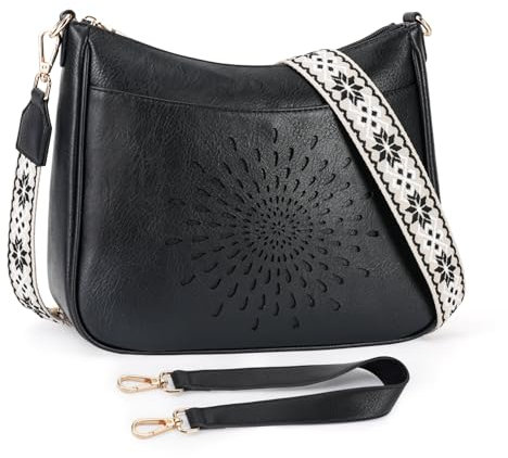 APHISON Klein Umhängetasche Damen Crossbody Bag das Sonnblumen-Lochmuster mit Breitem Gurt Schultertasche veganem Leder blau Handtasche Tasche mit Abnehmbarem Schultergurt Kartenschlitz Reisetasche