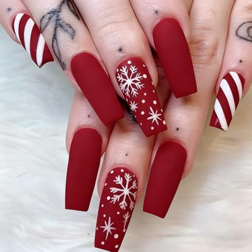 24 Stück Press on Nails Kurz - Rot Matte Ballerina Kunstnägel, Natürlich Nägel zum Aufkleben, Weiße Schneeflocken Künstliche Nägel mit Nagelkleber, Full Cover Nägel Tips für Maniküre DIY (Rot Matte)