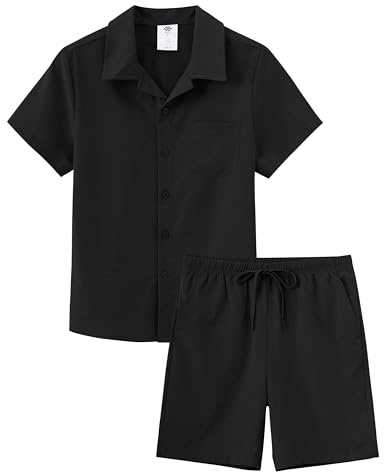MoFiz Tuta Casual da Ginnastica Bambini e Ragazzi set di Abbigliamento da Spiaggia Completo Estivo Camicie a Maniche Corte con Bottoni e Shorts Nero Taglia L (152-164)