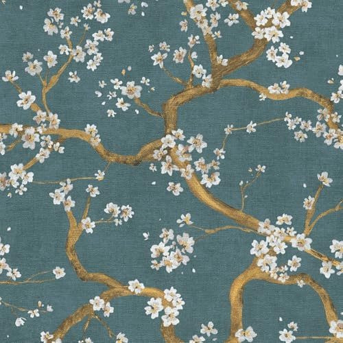 Profhome Blumen Tapete 781994-GU heißgeprägte Vliestapete blau gold petrol creme-weiß 0,53 m x 10,05 m = 5,33 m2