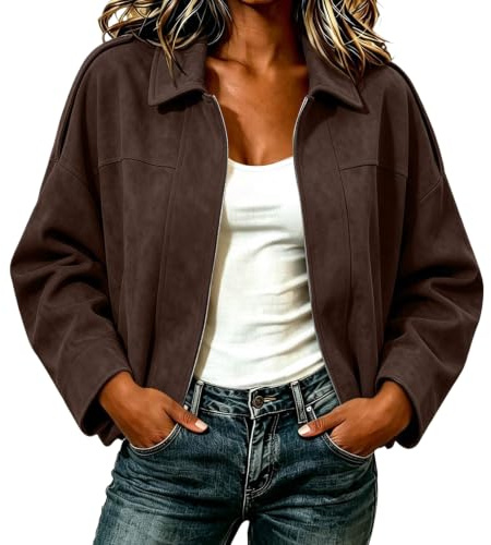 Generisch Bomberjacke Damen Leicht Bomberjacke Damen Faux Wildlederjacke Fledermausärmel Kurz übergangsjacke Bomberjacken Freizeit Streetwear Winterjacke für Herbst Übergangszeit