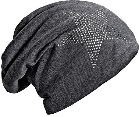 DonDon Mütze Damen Wintermütze Slouch Beanie gefüttert mit Strass Stern grau