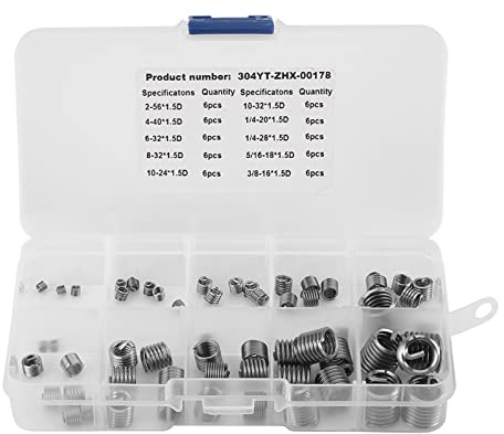 60pcs Thread Insert Kit Thread Repair Kit 304 Stainless Steel Wire Screw Sleeve Thread Repair Insert Assortment Kit Used in Various Low Strength Materials