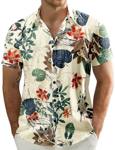 JOGAL Mens Flowers Casual Aloha Hawaiian Shirt Large A334 White