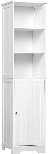 kleankin Armario Alto de Baño de 5 Niveles Columna Auxiliar de Baño con 3 Estantes 1 Puerta y Balda Interior Ajustable 40x38x160 cm Blanco