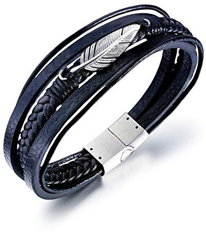 ATEIELLI B311 Bracelet pour homme en cuir synthétique avec plume et fermoir magnétique en acier inoxydable Noir, 21 centimeters, Cuir, 21 centimeters, Cuir
