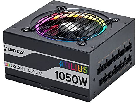 UNYKAch Fuente de Alimentación ATX ATILIUS 1050W White Full Modular con Iluminación RGB, Eficiencia del 90%, Ventilador de 120 mm Ultrasilencioso y Protección contra Sobrecorriente