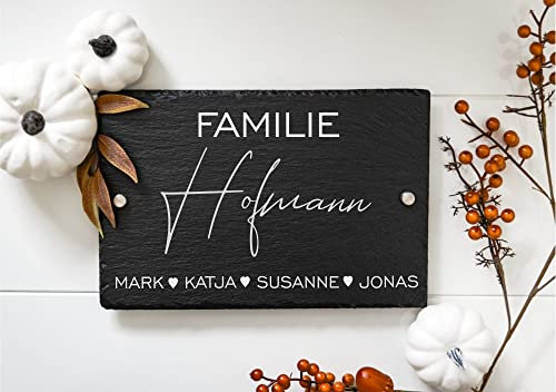 Türschild mit Familien-Namen aus Schiefer, Hausschild 30 x 20 cm mit Gravur, Abstandshalter, individuelle Türschilder in versch. Größen, Geschenk zum Einzug, Wanddekoration