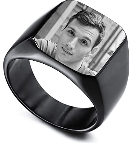 MunkiMix Personalisierter Edelstahl-Siegelring Personalisierter Schwarz-Weiß-Foto für Männer Frauen Paare Beste Freunde mit Ringgrößenverstellung (Schwarze Farbe Größe 70)