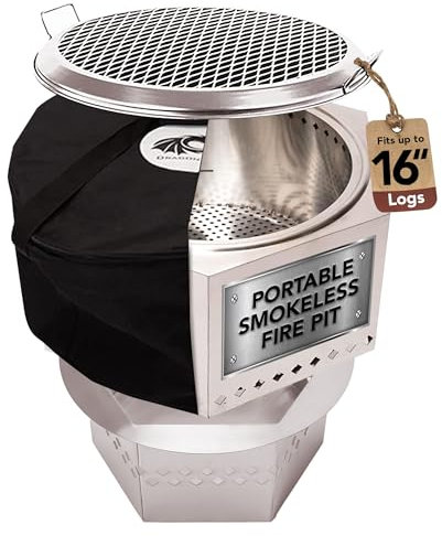 Dragonfire Tragbares rauchfreies Feuerschalen-Set aus Holz und Pellet, inklusive 55,9 cm Edelstahl-Feuerstelle, Aschenständer, Grillrost und Tragetasche mit Reißverschluss