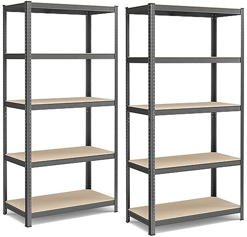 SONGMICS Schwerlastregal, 2er Set, Stahl, Regal, kein Werkzeug erforderlich, Lagerregal, für Garage, Keller, Lagerraum, Werkzeug, Fitnessgerät, bis 600 kg belastbar, 50 x 100 x 200 cm, grau GLR050G02