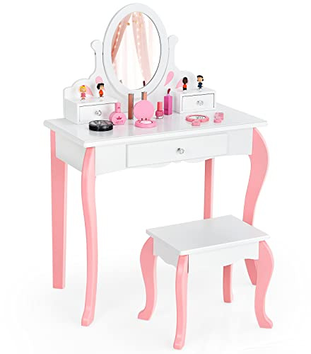 GOPLUS Kinder Schminktisch mit Spiegel, Prinzessin Frisiertisch mit 3 Schubladen und 2 Ablagen, Kosmetiktisch Holz mit Hocker, Schminkkommode Mädchen (Weiß)