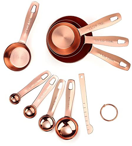 Copper Measuring Cups and Spoons Set, Stainless Steel 9 Piece Set , Heavy Duty Measuring Cups and Unbreakable Measuring Spoons, Rose Gold Copper Plated.